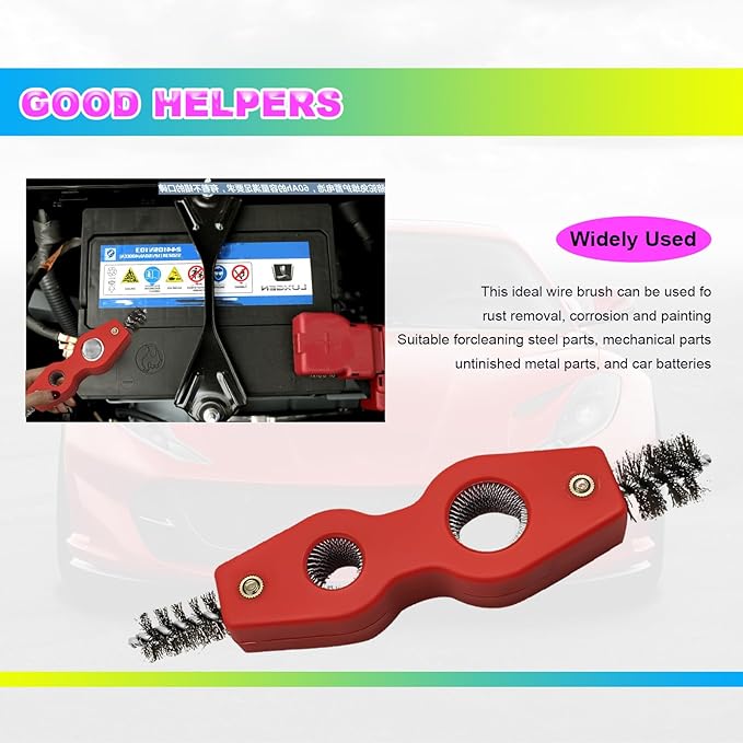 4 in 1 Car Battery Terminal Cleaners Anti-Corrosion Steel Wire Brush Heads, Cleans Inside Outside Thread, for Battery Terminals Machine Parts Cleaner Tool for Automotive and Marine(Red