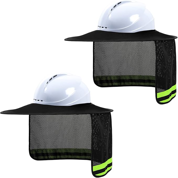 Hard Hat Sun Shade, High Visibility Sun Visor Neck Shade with Reflective Strip, Hard Hat Accessories, Full Brim, Man& Woman (Hard Hat Not Included), Black, 2 Pack