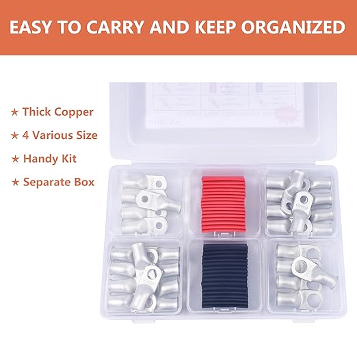 1/0 AWG Tinned Copper Ring Terminal Kit (62 Pcs) - 30 Battery Lugs (1/4", 5/16", 3/8", 1/2") with 32 Heat Shrink Tubes for 0 Gauge Wire in Automotive, Solar, Marine, RV Applications