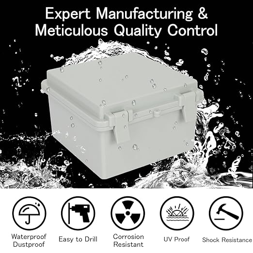 Junction Box IP65 Waterproof Electrical Box Outdoor ABS Plastic Project Box Hinged Shell Universal Enclosure Box with Mounting Plate, Wall Brackets, Cable Glands 5.9" x 5.9" x 3.5"