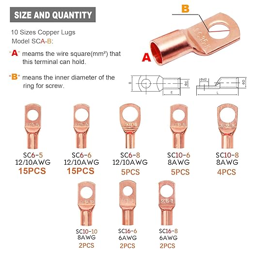 TKDMR 100Pcs Copper Wire Lugs AWG 6 8 10 12 with Heat Shrink Set, 50Pcs Battery Cable Lugs Battery Cable Ends Ring Terminals Connectors with 50Pcs Heat Shrink Tubing