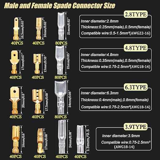 Twidec/640Pcs 2.8/4.8/6.3mm Quick Splice Male and Female Wire Spade Connector Crimp Terminal Golden Kit with Wire Terminal Crimping Pliers Tools 26-16AMG for Electrical Wiring Car Audio Speaker