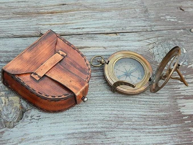 Compass Gift for Mom/Dad, Antique Nautical Directional Magnetic Sundial Pocket Compass Gifts for Women/Men with Leather Case or Wooden Box, Baptism 2026 Communion Christian Luxury Gift, Anniversary