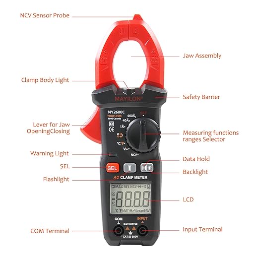 600A AC Clamp Meter, 4000 Counts AC/DC True RMS Digital Multimeter with CAT III Safety, Data Hold, Backlight & Temperature Sensor – for Electrical Maintenance Mayilon MY2600C