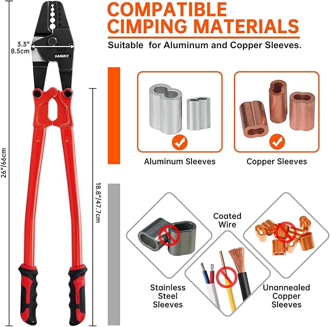 Sanuke 24 Inch Hand Swaging Tool, Wire Rope Crimping Tool 5 Cavity 1/16" 3/32" 1/8" 5/32" 3/16", Crimping and Cutting Combo Cable Crimper, Hand Swager with 50pcs Aluminum Stop Sleeves Oval Sleeves