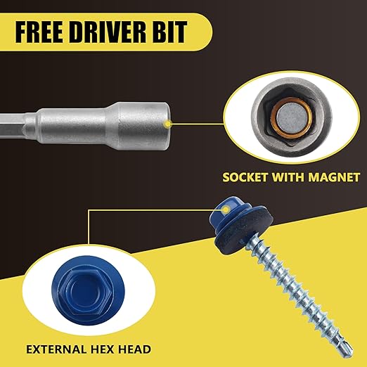 250pcs #10 x 1-1/2" Blue Hex Head Self-Drilling Metal Roofing Screws, EPDM Washer, Colored Head, Wood Screws, Sheet Metal Roof Screw with Hex Driver Bit (Blue, 1-1/2 in)
