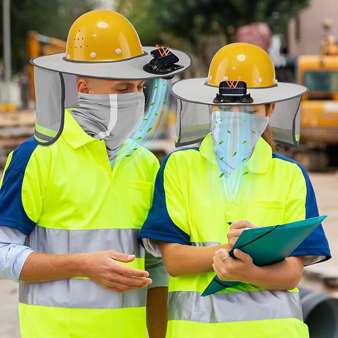 1 Set Sun Hard Hat with Solar Fan Shade Full Brim Hard Hat and Neck Sunshade Cover High Visibility Full Brim Mesh with Reflective Strip for Outdoor Summer Protection