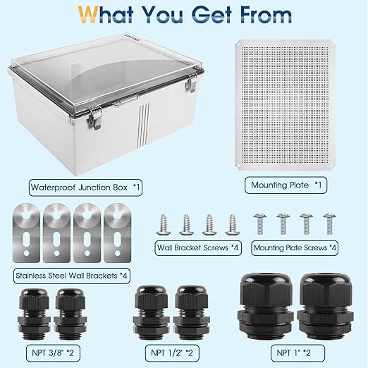 Waterproof Outdoor Project ABS Plastic Junction Box IP67 Weatherproof Dustproof Enclosure with Hinged Cover, Mounting Plate,Wall Brackets for Power Project (Clear,19.7"x15.7"x7.9")