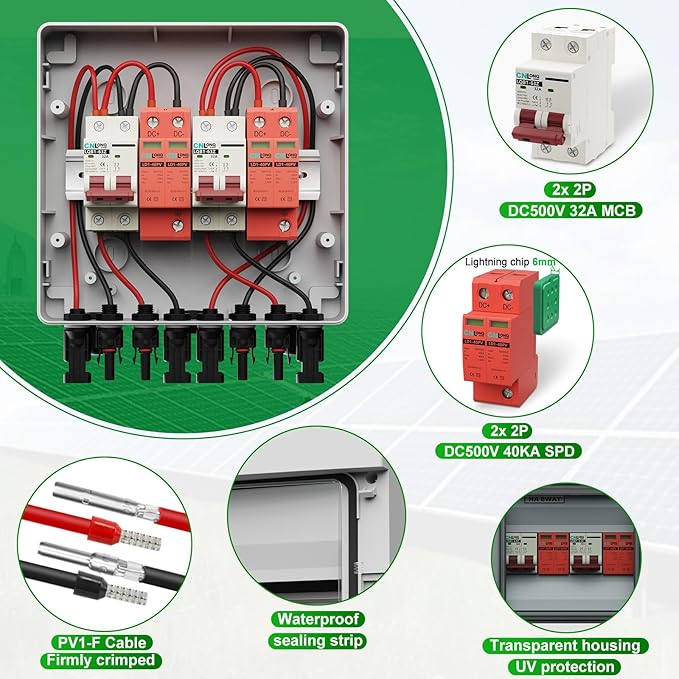 2 Strings Solar Disconnect Switch 32 Amp DC 500V Circuit Breaker with Lightning Surge Protector Arrester and IP65 Waterproof PV Combiner Breaker Box 2 in 2 Out for Solar Panel System