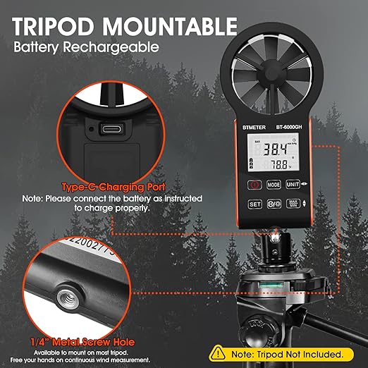 BTMETER Anemometer CFM Wind Meter, Air Flow Gauge Measure Wind Speed 0.3~30m/s, Monitor Airflow Volume 0-999900 ft3/min for HVAC Duct Air Vent, Touch-Screen Windometer 6000GH