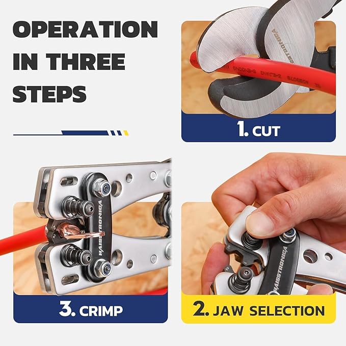 haisstronica Heavy Duty Battery Cable Crimping Tool Kit-Ratchet Hex Extended Handle Crimper for 8,6,4,2,1,1/0 AWG Copper Lugs with Cable Cutter, 32PCS Copper Lugs&Heat Shrink Tubing