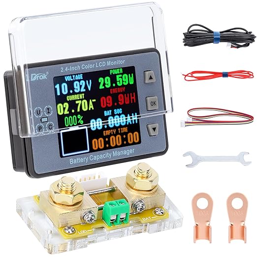 DROK Digital Multimeter, DC 8-100V 100A Battery Monitor 12V 24V 36V 48V 60V Volt Amp Watt Meter, Big Color Screen LCD Display Capacity Time Power Voltmeter Ampmeter for RV Solar Panel Battery Charge