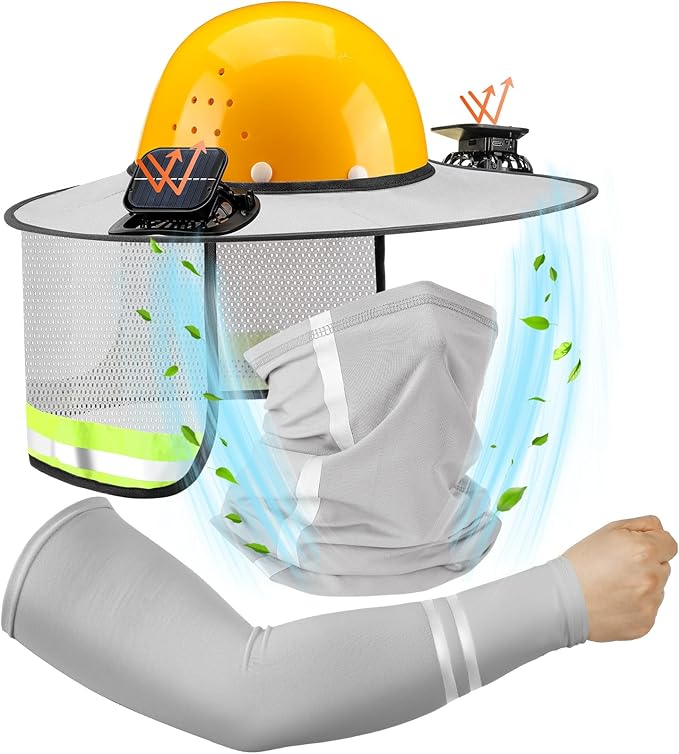 1 Set Sun Hard Hat Shade Full Brim Hard Hat Sun Visor with Solar Fans and Neck Sunshade Cover UV Reflective Strap Arm Sleeves Summer Protection Accessories