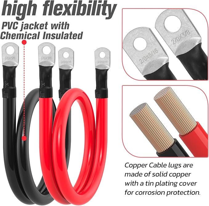 2/0 AWG Battery Cable 2/0AWG Gauge Battery Inverter Cables for Automotive Solar Marine Boat RV Car Motorcycle (2/0 AWG, 3FT, 3/8"+5/16")