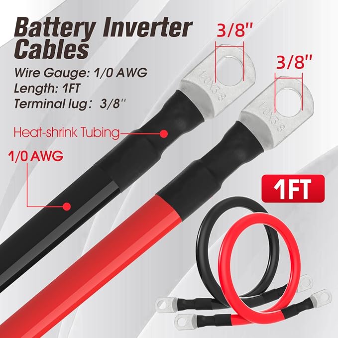 1/0 AWG Battery Cable 1/0AWG Gauge Battery Inverter Cables for Automotive Solar Marine Boat RV Car Motorcycle (1/0 AWG, 1FT, 3/8")