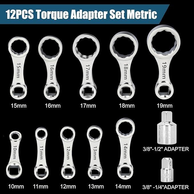 Torque Adapter Set Metric 12-PCS, Includes 10, 11, 12, 13, 14, 15, 16, 17, 18, 19mm Torque Wrench Adapter, 12 Point Torque Extender Adapter with 1/2" + 1/4" Drive Converters