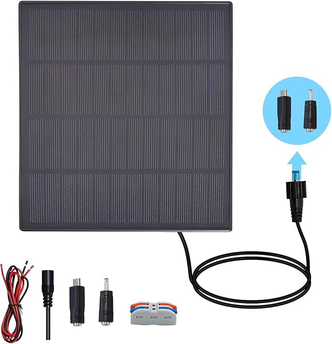 KBT 18V 3W Waterproof Solar Panel with Type-C Port & DC3.5mm Port & Adjustable Bracket, Portable Solar Charger for Rechargeable Battery, Hunting Camera Outdoor, Deer Game Feeder, Electric gate, Lamp