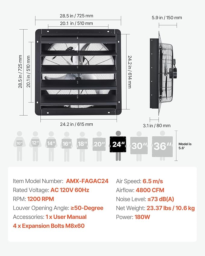 VEVOR 24'' Exhaust Fan, Wall Mounted Attic Fan with Variable Speed controller, 4800 CFM, Automatic Shutter, Ventilation and Cooling, Black
