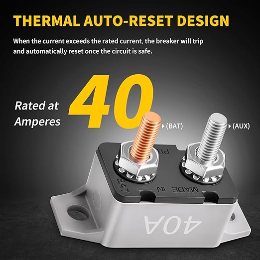 40 Amp Automatic Reset Circuit Breaker with Cover Stud Bolt, 6 Pieces 12V-24V DC for Automotive Marine Boat Car RV Truck Solar System and More, IP66 Waterproof (Black Cover)