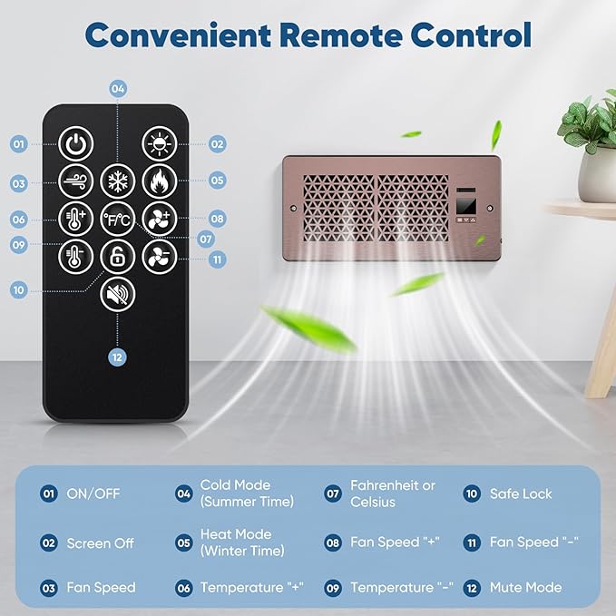 Register Booster Fan for 4" x 10" Register Holes with Remote Control and Thermostat, 10-Speeds Floor Vent Fans Booster - Enhances AC Heating&Cooling Airflow, Quiet Air Duct Fan for Wall, Bronze