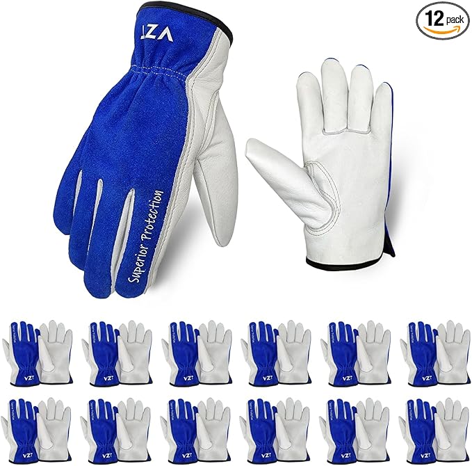 12 Pairs Bulk Leather Work Gloves for Men or Women for Construction, Wood cutting, Driving, Water Resistant, Keep warm, Soft, Cowhide, Class 4 Abrasion Resistant, Blue-White, XXL