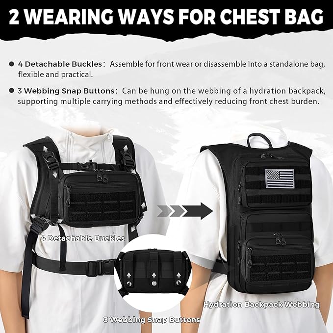 Tactical Hydration Backpack with 2L Water Bladder and Front Small Tactical Pouch, Outdoor Water Backpack for Men Women, Sports Hydration Pack for Hiking, Cycling, Climbing