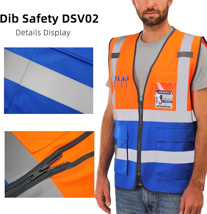 Dib Safety Reflective Vest ANSI Class 2, High Visibility Vest with Pockets and Zipper, Construction Work, Hi Vis