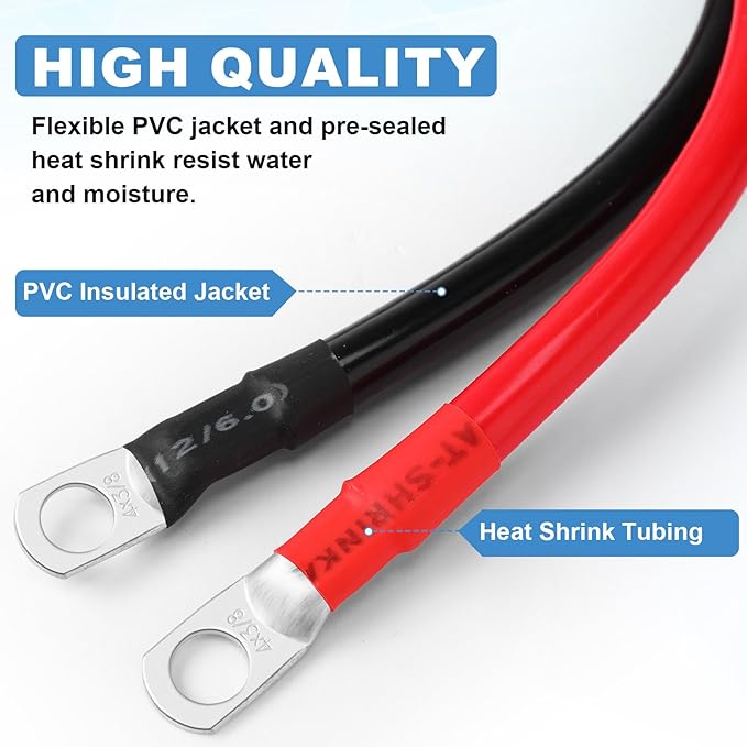 Hoteam 6 Pcs Battery Cable Copper Battery Inverter Cables with Terminals 3/8 Inch Lugs Red and Black Both Ends Power Inverter Wire for Solar Motorcycle Automotive RV Car Boat Marine(4awg,1ft)