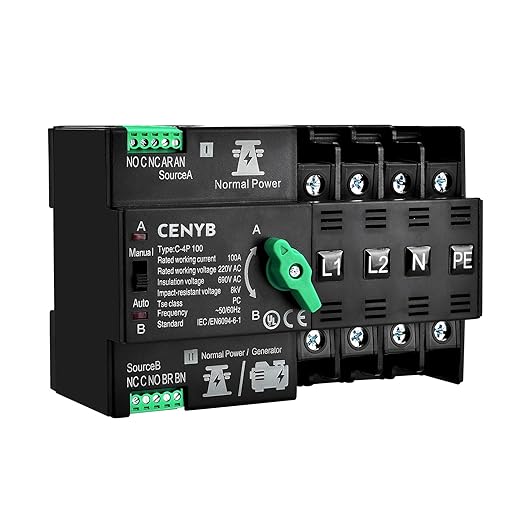 CNEYB Automatic/Manual Transfer Switch for Home Generator 4P 100A AC220V Uninterrupted Power Supply DIN Rail Mount Toggle Changeover Module