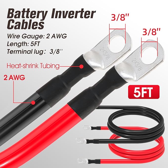 2 AWG Battery Cable 2AWG Gauge Battery Inverter Cables for Automotive Solar Marine Boat RV Car Motorcycle (2 AWG, 5FT, 3/8")