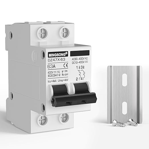 DC Solar Panels Disconnect Switch 63 Amp Solar Shut Off Switch 12V-400V 2 Poles Small Miniature Circuit Breaker for PV Homes, AC 110V DIN Rail MCB