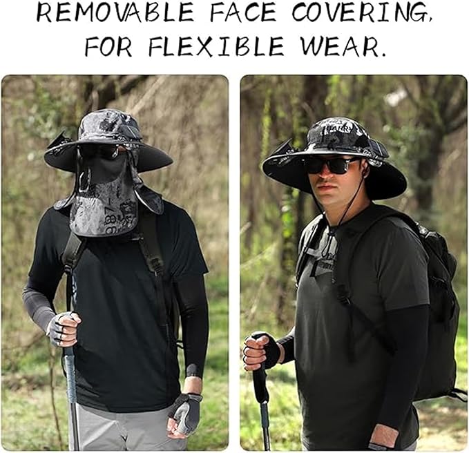Solar Fan Hat, Wide Brim Sun Hat with 2 Solar Fan, Removable Neck Cap and Face Mask, Hat with Solar Fans Built in, Fishing Hat with Fan for Men, Waterproof Outdoor Hiking Camping Fishing Hat Grey