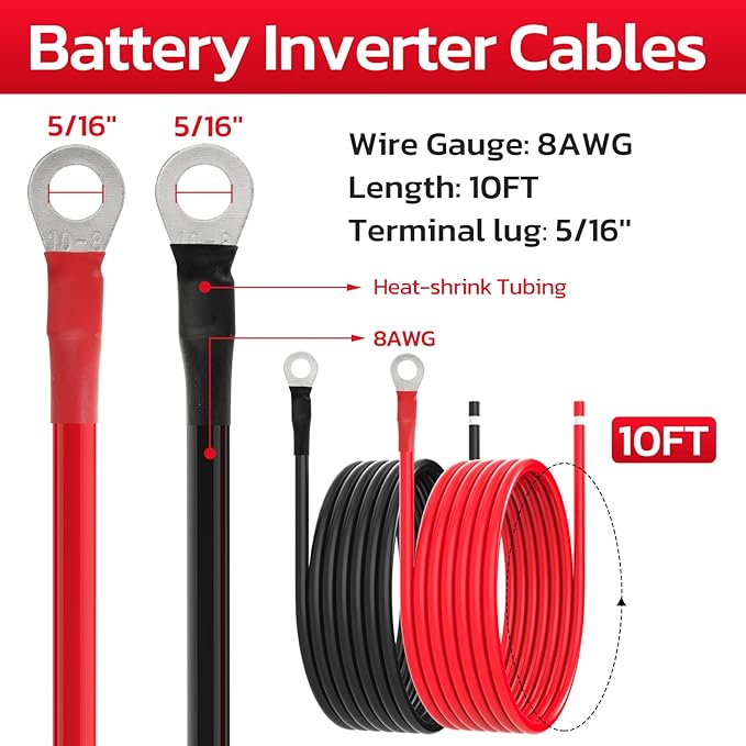 8 AWG Battery Cables 8 Gauge Solar Panel Wire Tinned Copper Extension Cable with 5/16'' Lugs for RV Solar Panel Car Automotive (8AWG 10FT)