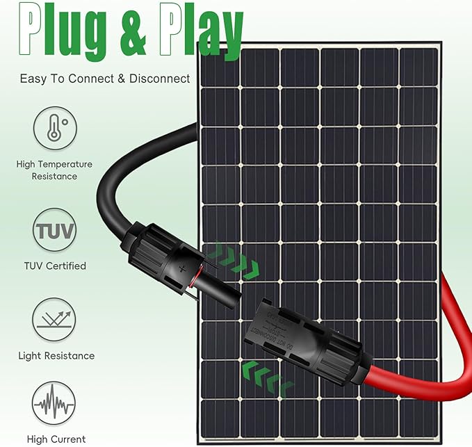 Twin Wire 50FT Solar Extension Cable - 10AWG (6mm²) Solar Panel Connector, with IP67-Male/Female Solar connectors for Outdoor Automotive RV Boat Marine Solar Panel- Black & Red