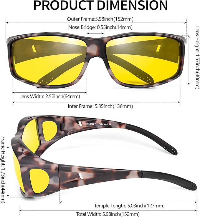 URUMQI Night Vision Driving Glasses Fit Over Eyeglasses for Men Women, Anti Glare Polarized Nighttime Glasses Yellow Lens