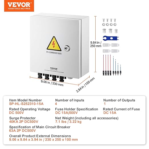 VEVOR PV Combiner Box, 4 String Metal Solar Combiner Box with 15A Rated Current Fuse 63A Circuit Breaker Lightning Arrester, Steel Case for On/Off Grid Solar Panel System, IP65