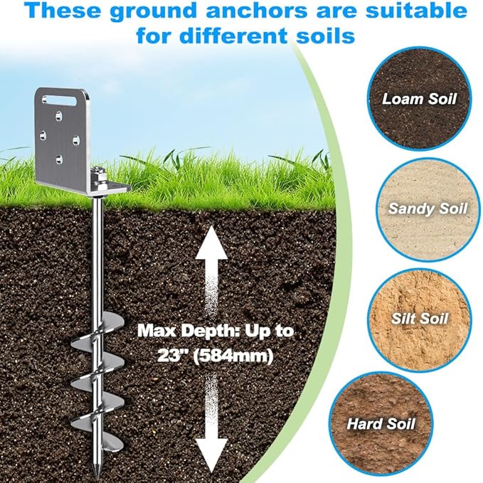 24'' Ground Anchors Screw in Earth Anchor 10mm Solid Steel with L Bracket for Trampoline Shed Carport, 2" Helix Blade & Chrome Plated Finish
