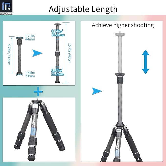 INNOREL ER222C Universal Carbon Fiber Tripod Center Column Extension Pole Extender - Two-Section Mid-Column Extension Rod Pole for Monopod DSLR Camera - 22.2mm Max Tube
