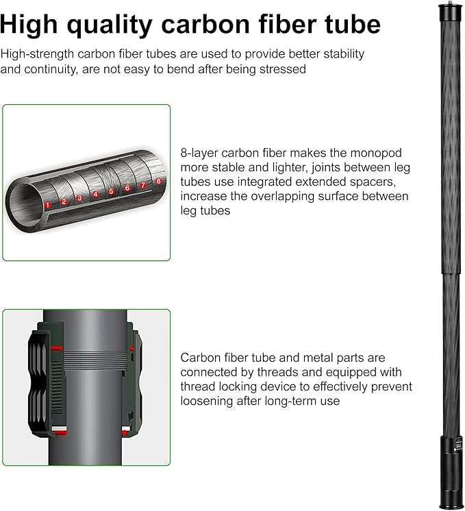 FANAUE Gimbal Extension Pole Carbon Fiber Extension Monopod Pole Stick with 1/4" Screw, 2 Section Universal Rod for Tripod Compatible with Digtital Camera Smartphone Long Selfie Tick Length is 14"-25"