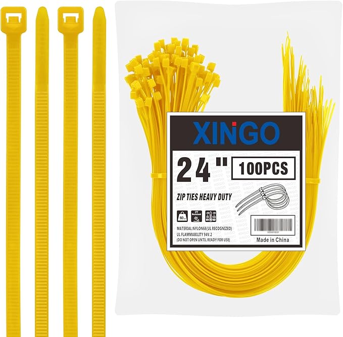 XINGO 24 inch Yellow Zip Ties Heavy Duty (100 Pack), 60lb Tensile Strength, UV Resistant Cable Ties for indoor and outdoor use