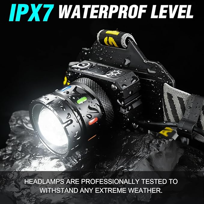 Headlamp Rechargeable 5000 High Lumen: Super Bright LED Head Lamp with Motion Sensor, 9 Modes, IPX7 Waterproof, 90°Adjustable, Zoomable Headlight for Adults Hunting Camping Hiking Running