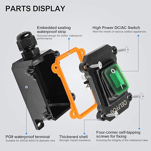 Waterproof On Off Toggle Switch with Green Light Rocker Button Inline Cord Switch DPST AC/DC 20A-125V,16A-250V,30A-24V,35A-12V, IP66