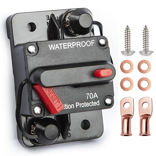 70 Amp Circuit Breaker with Manual Reset, Waterproof Inline Fuse for Boat Trolling Motor Marine ATV Trailer Vehicles Stereo Audio Electronic Battery Solar System, Suitable for 12V-48V DC