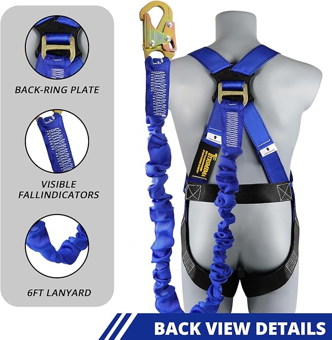 TRSMIMA Safety Harness Fall Protection - Full Body Construction Roofing Harness Kit Attached 6 ft Lanyard ANSI