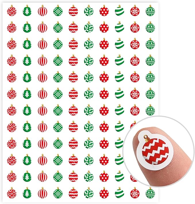 JarThenaAMCS 2400Pcs Mini Christmas Ornament Sticker Red Green Xmas Ball Paper Decal 10 Designs Adhesive Sticker for Winter Planner Envelope Scrapbook Gift DIY Supplies, 0.5 in