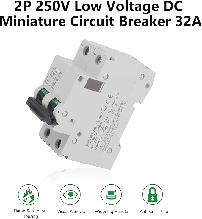 Walfront 2P 250V Low Voltage DC Miniature Circuit Breaker for Solar Panels Grid System Din Rail Mount C65H-DC Breaker DC Circuit Amp Solar Double Pole (32A)