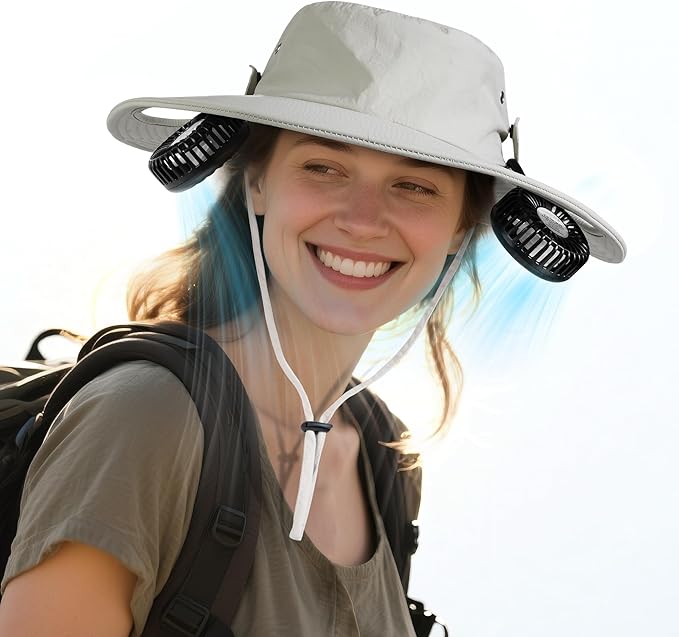 Cooling Sun Hat with Fan Rechargeable, UPF50+ Bucket Hat, 8-16H Neck Fan Hat for Camping Beach Essentials, Gift for Men Women