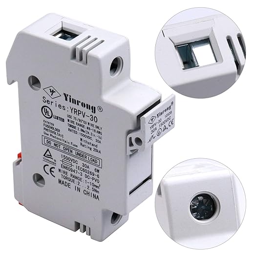 ZOOKOTO Solar Fuse Holder 20A 1000V DIN Rail Mount Fuse Holder 1 Pole White Plastic Housing with 10x38mm 1xFuse 20A