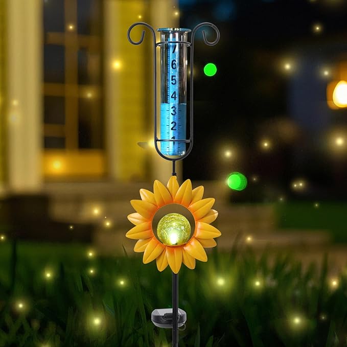 WONDER GARDEN Solar Rain Gauge Outdoor, Sunflower Decorative Rain Gauges Outdoors Best Rated with Yellow Crackled Glass Ball, Freeze Proof Water Rain Measure Gauge for Yard Patio Lawn Decor