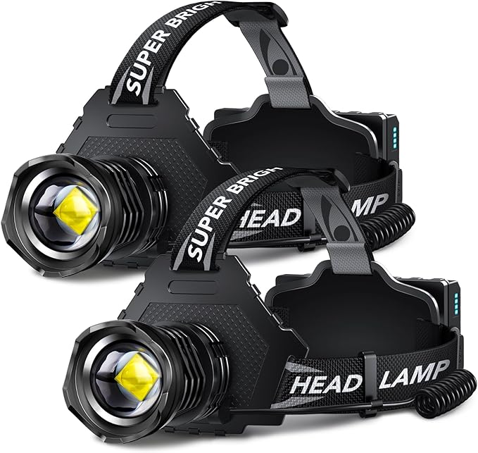 AKNEAR Rechargeable LED Headlamp Super Bright, 4500 High Lumens Head Lamp Zoomable, 25Dys+ Runtime & 12 Mode & Lightweight Comfort & 125° Adjustable Waterproof Head Light for Outdoor (2 Pack)